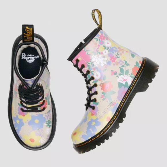 Dr. Martens Junior 1460 Floral Mash Up Leather Lace Up Boots in Parchment Beige